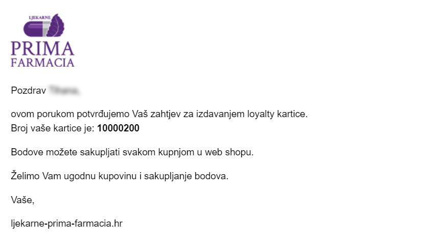 Mail potvrde za Loyalty karticu